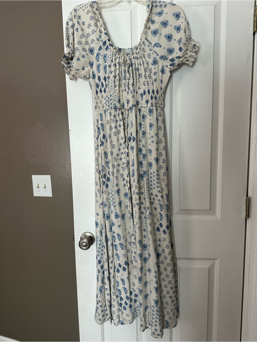 Patrons of Peace Cream Maxi Dress with Blue Floral Print